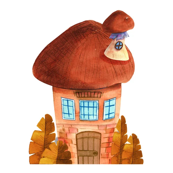 Watercolor Fantasy gnome house, little house. Gnome houses icons, cartoon fantasy building made of plants. — Stock Photo, Image