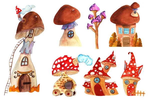 Acuarela Casa de gnomo de fantasía, casita. Gnomo casas iconos, dibujos animados fantasía edificio hecho de plantas. — Foto de Stock