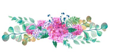 Mavi beyaz Yasemin, ortanca, gül çiçek suluboya düğün.