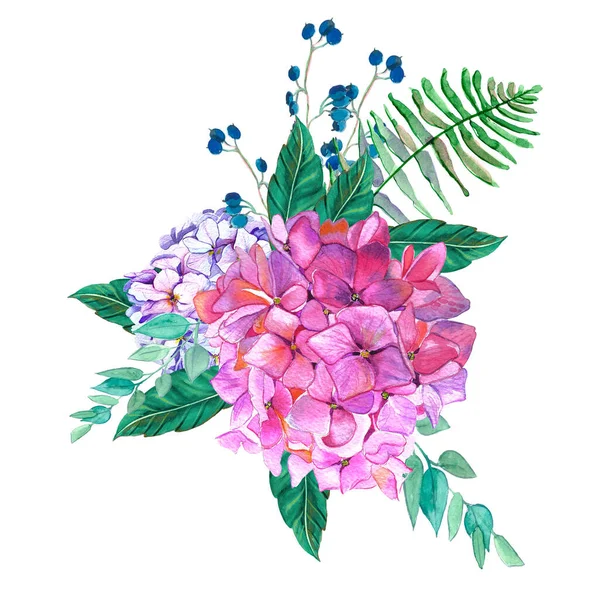Niebieski biały jaśmin, kwiaty hortensji, róża ślub akwarela. — Zdjęcie stockowe