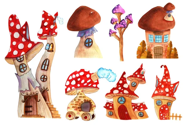Watercolor Fantasy gnome house, little house. Gnome houses icons, cartoon fantasy building made of plants.