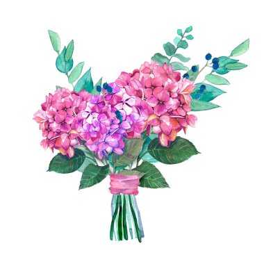 Mavi beyaz yasemin, ortanca, gül çiçeği suluboya. İlkbaharın başlarında, ortanca, okaliptüs ve eğreltiotu yapraklı güzel bir buket çiçek. Baskı ve tasarım için bahçe çizimleri.