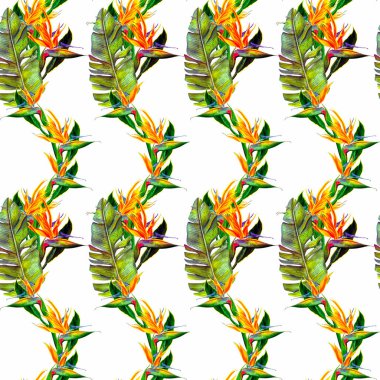 Tropikal yeşil palmiye yapraklarından ve bej arkaplanda strelitzia çiçeklerinden oluşan duvarkağıdı..