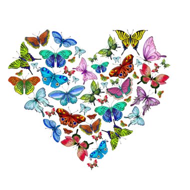 Heart made of bright watercolor multicolored butterflies. Yellow, pink, blue, green butterflies are folded in the form of a heart. Butterfly heart, valentine. Design element on a white background.