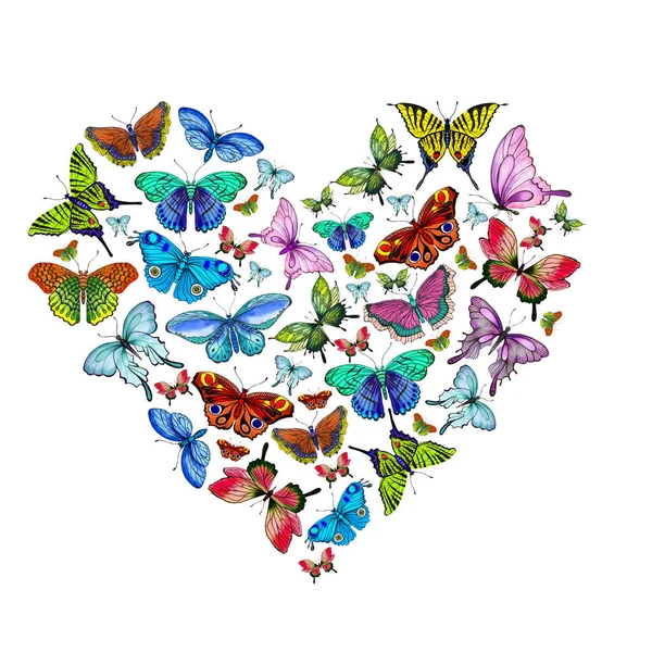 Heart Made Bright Watercolor Multicolored Butterflies Yellow Pink Blue Green — Stock Photo, Image