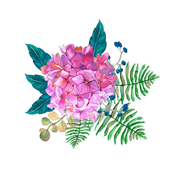 화이트 재스민 드란게아 꽃들은 수채화를 이룬다 하이드라게아 고사리 아름다운 꽃다발들이 — 스톡 사진