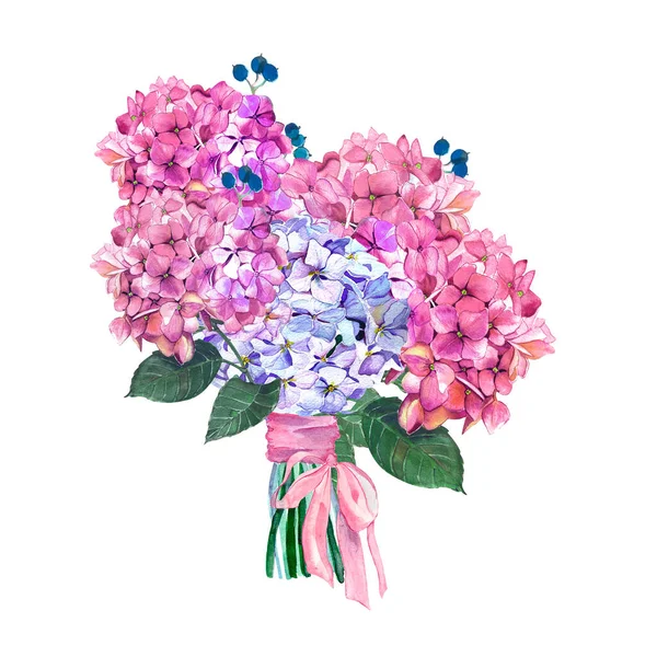 Bleu Jasmin Blanc Hortensia Rose Fleurs Mariage Aquarelle Beau Bouquet — Photo
