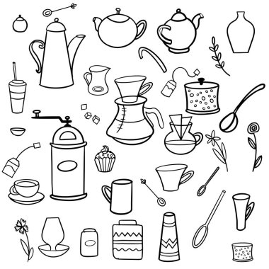 Hand drawn doodle Tea time icon set. Vector outline coffee and tea drawings for cafe menu. Cartoon various beverage element: mug, cup, teapot, leaf, bag, spice, plate, mint, herbal, sugar, lemon