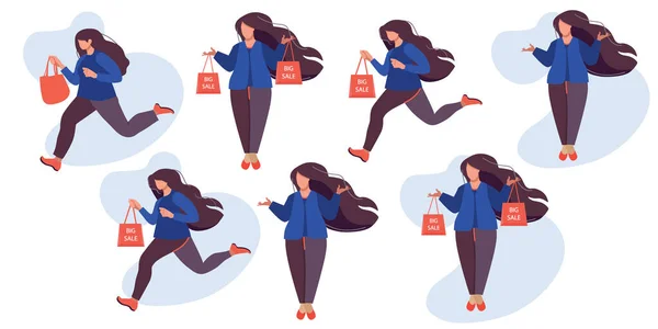 Set young woman runs to a store or to a dealer that sells goods at a discount or lower prices. — Archivo Imágenes Vectoriales