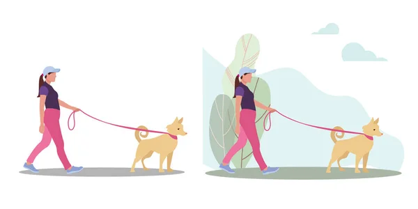 夏に犬を散歩する女性。フラットスタイルでかわいいベクトルイラスト. — ストックベクタ