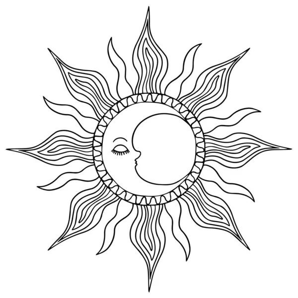 Logotipos místicos com o sol. desenhos vetoriais para tatuagem, design boho, astrologia, horóscopo. — Vetor de Stock