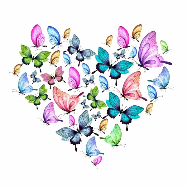 Schmetterlingsherz. Hochzeits-Aquarell-Blumen. Rosa und blaue Schmetterlinge. — Stockfoto