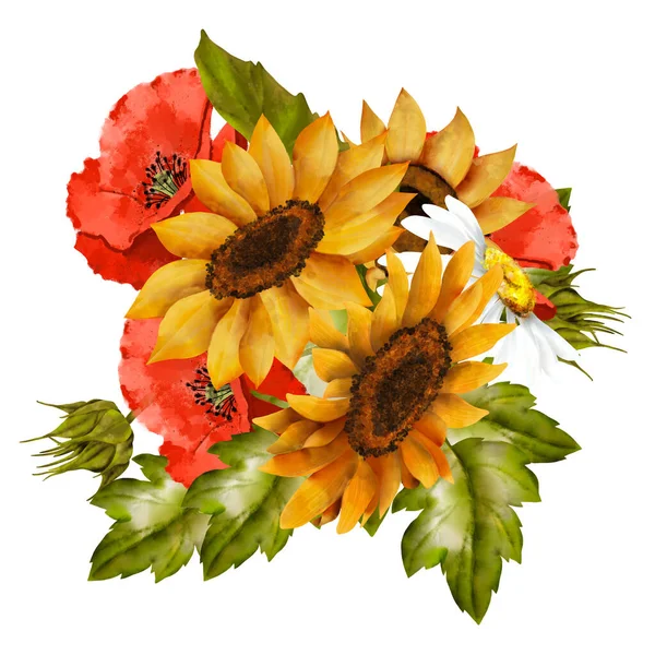 Komposisi Bunga Matahari Kuning Dengan Daun Hijau Dan Tunas Bunga — Stok Foto