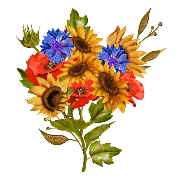 Zusammensetzung Aus Gelben Sonnenblumen Mit Grünen Blättern Und Knospen Roten — Stockfoto