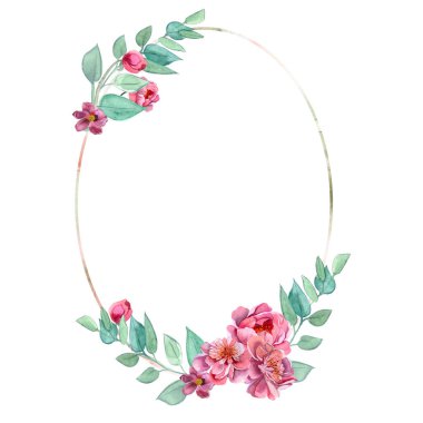 Parlak, taze, zarif, suluboya şakayık çelengi. Pembe ve kırmızı renkli yaz çiçekleri. Klasik selamlama için bir illüstrasyon. Romantik bahçe çiçekleri. Düğün davetiyeleri, kart tasarımı, doğum günü için.