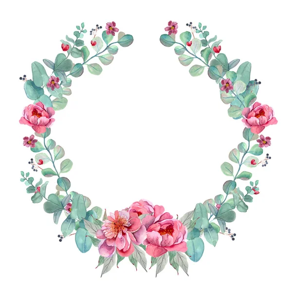 Helle Frische Süße Elegante Aquarell Pfingstrosen Kranz Bunte Sommerblumen Rosa — Stockfoto