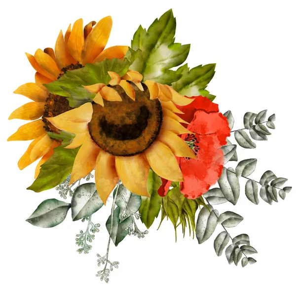 Komposition Aus Gelben Sonnenblumen Mit Grünen Blättern Und Knospen Rotem — Stockfoto