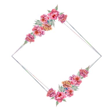 Parlak, taze, zarif, suluboya şakayık çelengi. Pembe ve kırmızı renkli yaz çiçekleri. Klasik selamlama için bir illüstrasyon. Romantik bahçe çiçekleri. Düğün davetiyeleri, kart tasarımı, doğum günü için.