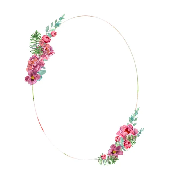 鮮やかな新鮮なかわいいエレガントな水彩牡丹のリース ピンクと赤のカラフルな夏の花 ヴィンテージグリーティングのイラスト ロマンチックな庭の花 結婚式の招待状 カードのデザイン 誕生日 — ストック写真