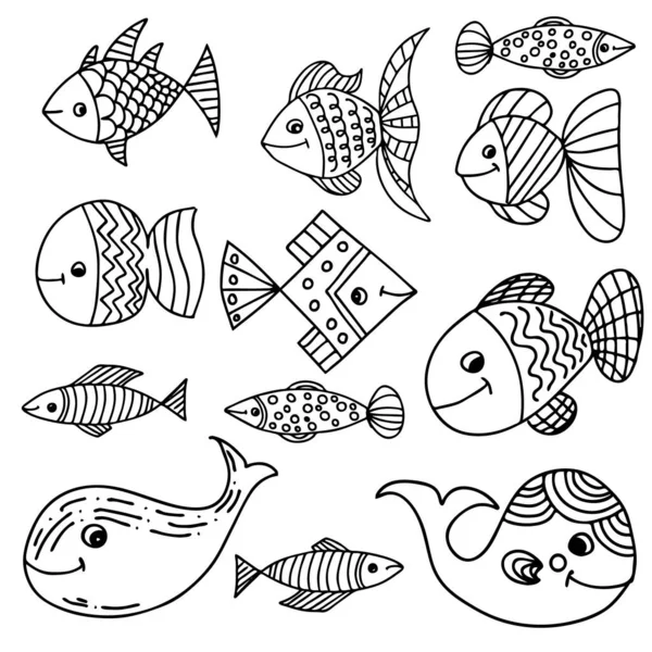 Σύνολο Από Όμορφα Μοτίβα Ψαριών Στυλ Καρτούν Αστεία Ψάρια Στον — Διανυσματικό Αρχείο