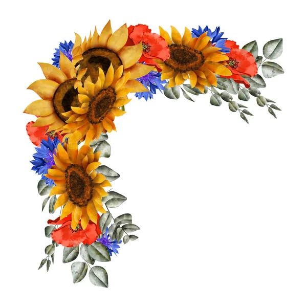 Blumiger Rahmen Mit Sonnenblumen Roten Mohnblumen Weißer Kamille Und Einem — Stockfoto