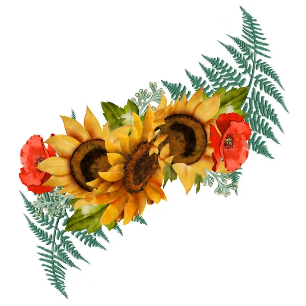 Composição Girassóis Amarelos Com Folhas Botões Verdes Papoilas Vermelhas Flores — Fotografia de Stock