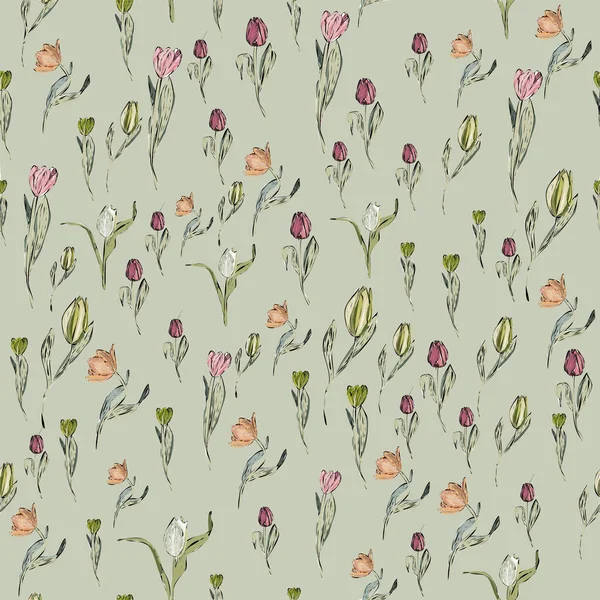 Patrón de primavera sin costuras con flores rosadas lindas estilizadas, tulipanes. Textura sin fin para su diseño, tarjetas de felicitación, anuncios, carteles, papel kraft, etiquetas, envoltorio de regalo — Vector de stock