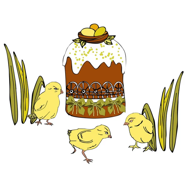 Żółte kurczaki i rozbite jajko z bukietem lilii w dolinie. Zestaw elementów do tworzenia kart projektowych, zaproszeń, plakatów, banerów na temat Wielkanocy — Wektor stockowy