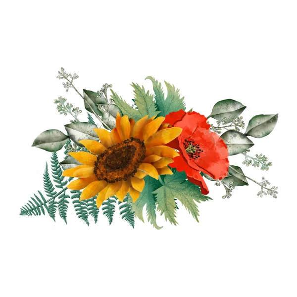 Komposition Aus Gelben Sonnenblumen Mit Grünen Blättern Und Knospen Rotem — Stockfoto
