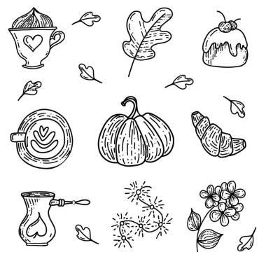 Sonbahar seti. Kapuçino, kahve, kruvasan, balkabağı, ortanca, çelenk. Lezzetli yemek ve kahve pişirdik. Cadılar Bayramı, bayram yemeği ve tatlı latte ile, balkabağı ve kek ile sıcak sıcak sıcak fincan