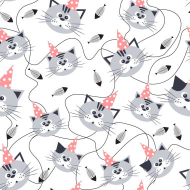 Çizgi filmlerdeki suluboya kediler pastel renklerde kusursuz desenler. Çocuk tasarımı. Renkli arka planda küçük kedi burunları olan kusursuz bir desen. Kumaş, ambalaj kağıdı, arkaplan vs. için harika.