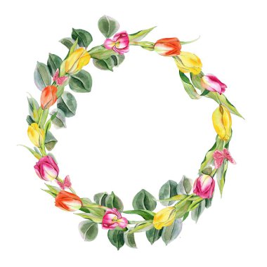 Çelenk. Yeşil yapraklı, kırmızı, sarı ve pembe lale çiçekleri. Mutlu yıllar, Mutlu Paskalyalar. Düğün davetiyeleri, tebrik kartları, kuponlar, broşürler ve pankartlar için..