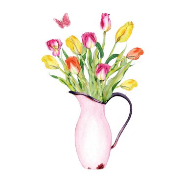 Beyaz arka planda yedi renkli lale desenli güzel bir buket. Uzun yeşil yapraklı bahar çiçekleri, süslü mavi fiyonk. Resim el çizimi kalıp grafik simgesi.