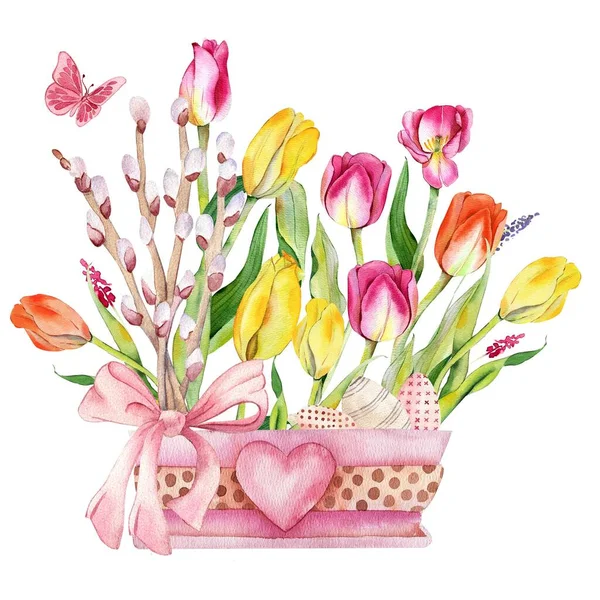 Piękny Bukiet Siedmiu Wielobarwnych Tulipanów Płaski Wzór Białym Tle Wiosenne — Zdjęcie stockowe
