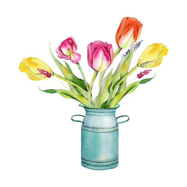 Schöner Strauß Von Sieben Bunten Tulpen Flaches Design Auf Weißem — Stockfoto