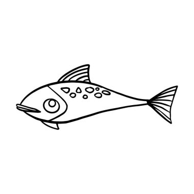 Altın balık. Çizgi film tarzında. Sualtı dünyasındaki komik balıklar. Yetişkin ya da çocuk çizimi, stres önleyici renk, çizgi çizimi, dövmeli logo, karalama, zentangle.