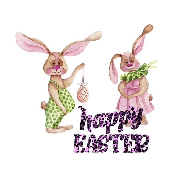 Christ Risen Rabbit Girl Boy Watercolor Cute Spring Card Congratulations — Stock Photo, Image