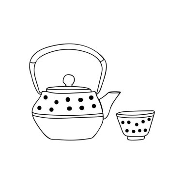 Çaydanlığın fincanlı çizimi. Çaydanlık ve fincanın el çizimi.