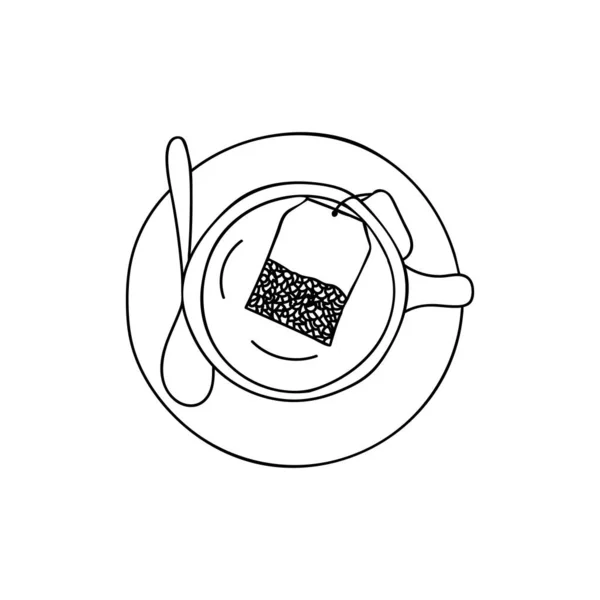 Чашка Чая Чайным Пакетиком Блюдцем Иллюстрацией Ложки Вид Сверху Вид — стоковый вектор