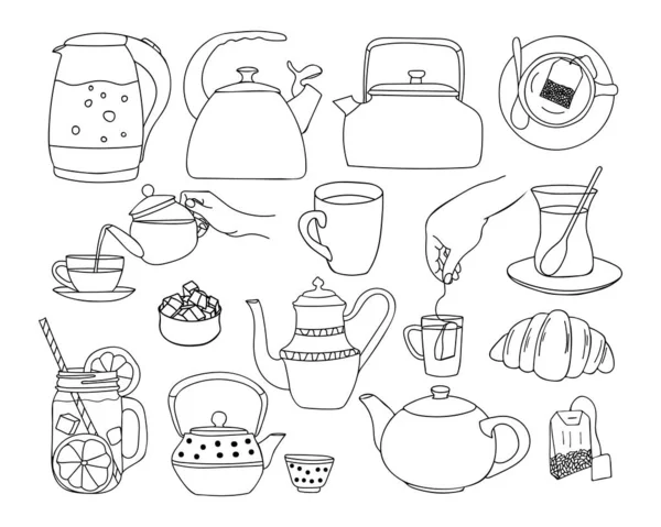 El çizimi çay ikonları koleksiyonu. Doodle çay ikonları koleksiyonu. El çizimi çay çizimleri..