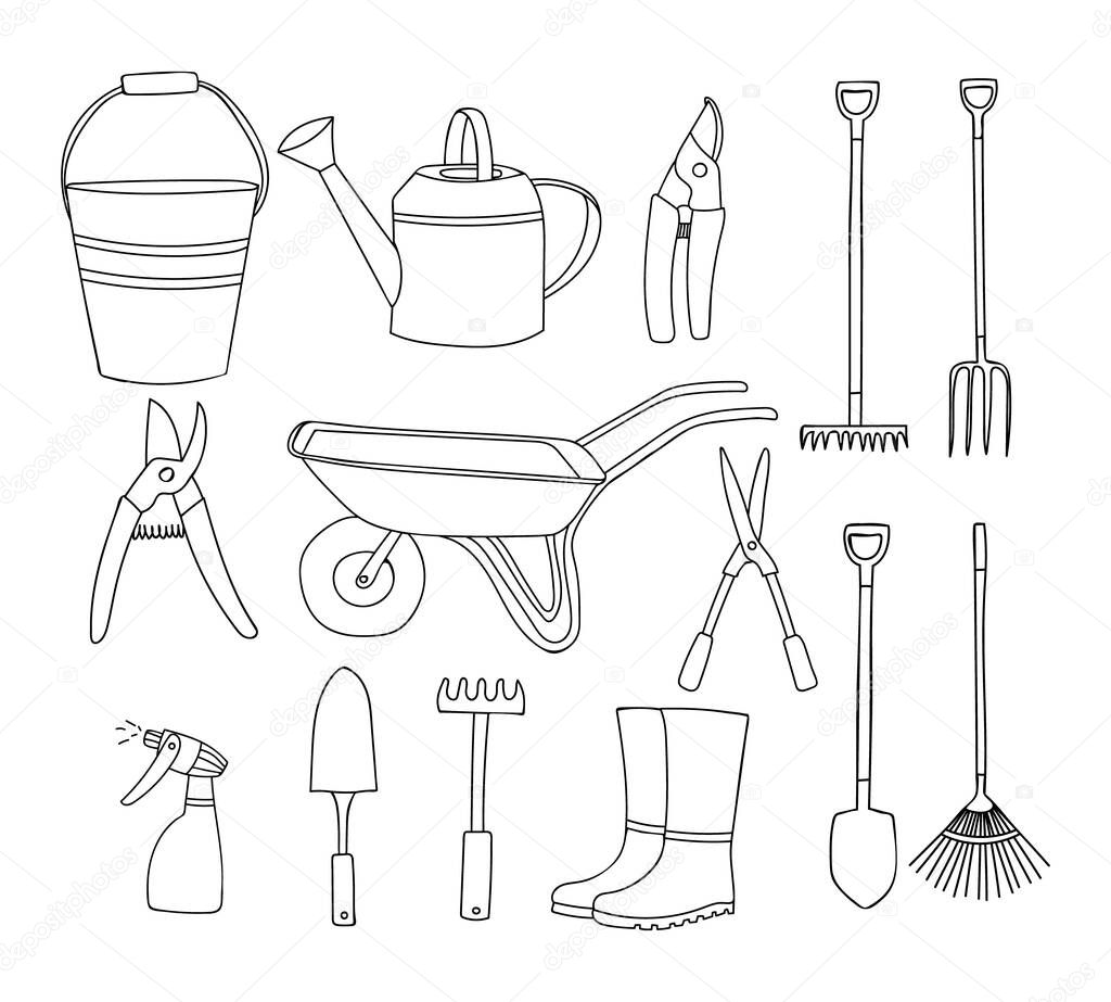 Gardening icons set. Doodle gardening icons collection. Hand drawn garden equipments icons collection. 