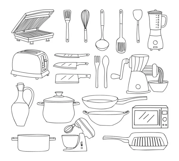 Набір Піктограм Посуду Приготування Їжі Doodle Колекція Іконок Кухонного Начиння — стоковий вектор