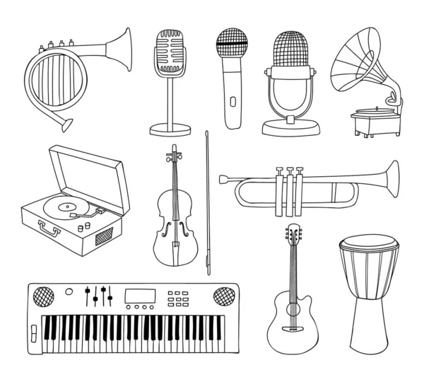 Doodle Muziekinstrumenten Vector Handgetekende Muziekinstrumenten Collectie Vector — Stockvector