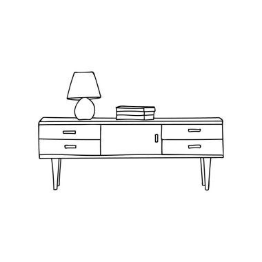 İçinde lamba ve kitaplar olan çekmece. Vektör olarak karalama çekmecesi simgesi. Vektörde el çizimi dolap simgesi