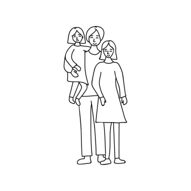 Baba, anne ve kız karalama çizimleri. Çocuklu ebeveynlerin el çizimi. Ailesi ve kızı..