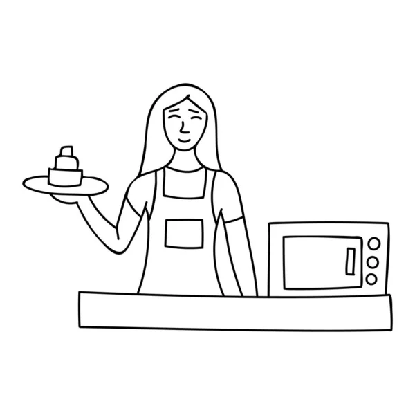 Mujer Cocinando Cocina Garabato Ilustración Vector Mujer Dibujada Mano Cocinando — Archivo Imágenes Vectoriales