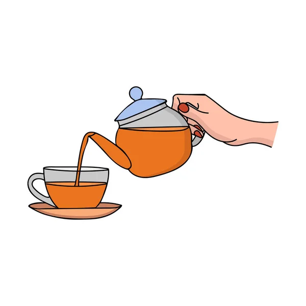 把茶壶里的茶倒入杯子里的彩色涂鸦插图 茶壶和茶杯的生动例证 把茶倒进杯子里 玻璃杯咖啡壶的涂鸦图 — 图库矢量图片