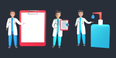 Doktor 3 boyutlu karakter çizimleri. Doktor 3 boyutlu illüstrasyon. 3D doktor illüstrasyon koleksiyonu.