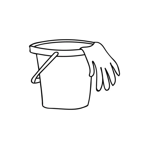 清洗橡胶手套的洗衣桶 带橡胶手套的涂鸦桶图标 枪托手绘图解 — 图库矢量图片