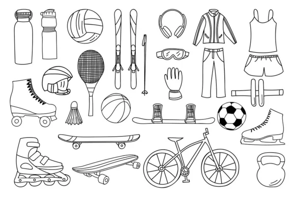 Sport Berendezések Firka Ikonok Gyűjtemény Kézzel Rajzolt Sporteszközök Ikongyűjteménye Sportfelszerelések — Stock Vector